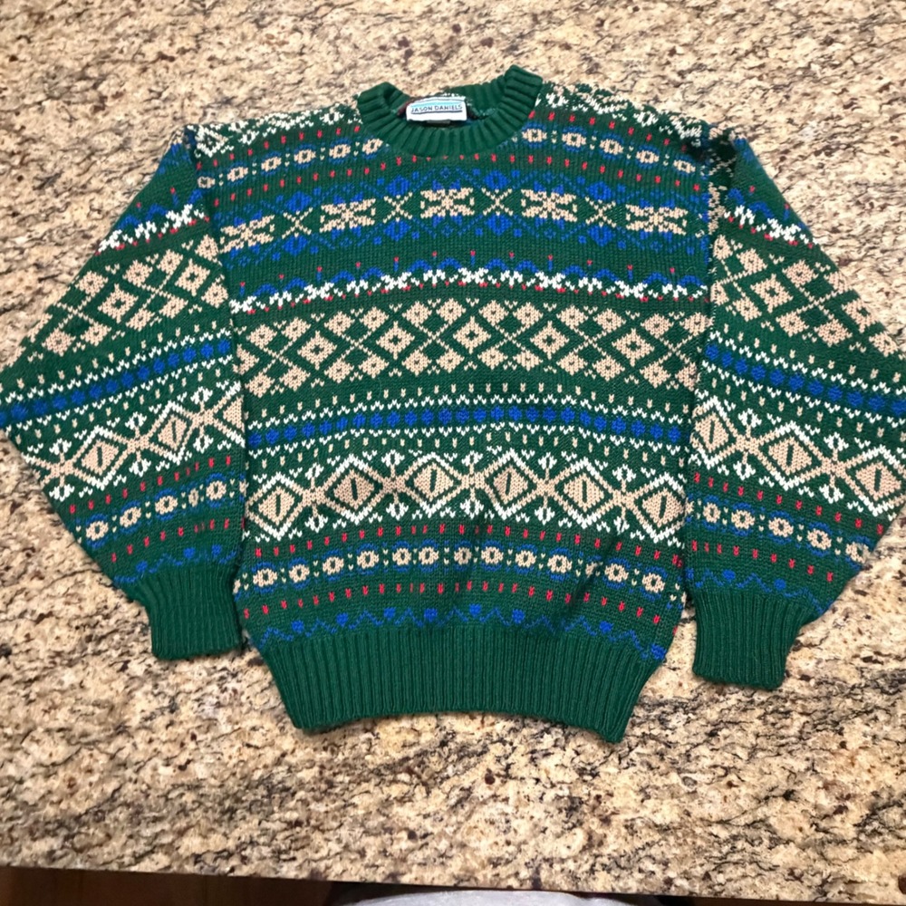 Vintage Jason Daniels Men Green Fair Isle Knit Crewneck Sweater Made in USA L v